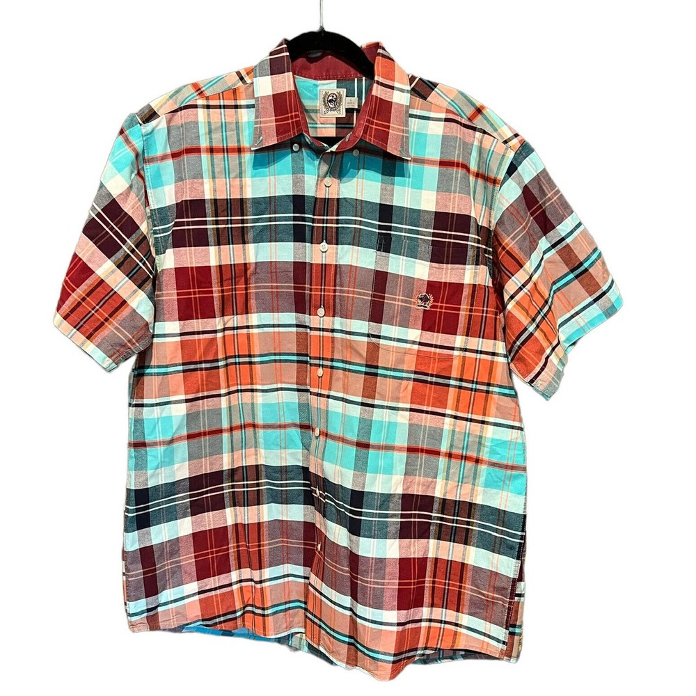 Cinch Men's Short Sleeve Plaid Button-Down Shirt - Teal, Orange, Red, White